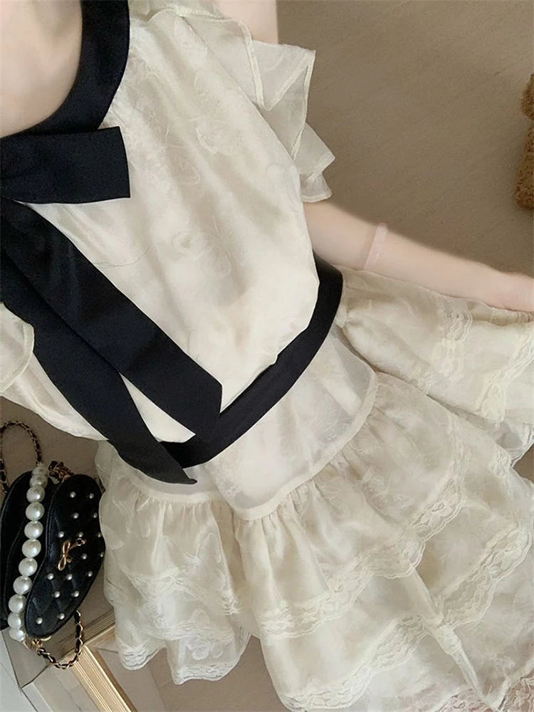 Off Shoulder Bow Sweet Dress Women Vintage O Neck Casual Elegant Mini Dress Lace Patchwork Retro Slim Lady Summer Vestidos voguable