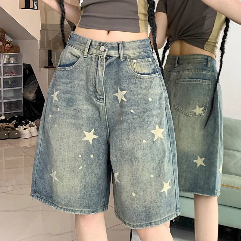 Y2K Star Printed Denim Shorts Women Fashion High Waist Wash Knee Length Jeans Bf Summer Streetwear Loose Wide Leg Pants voguable
