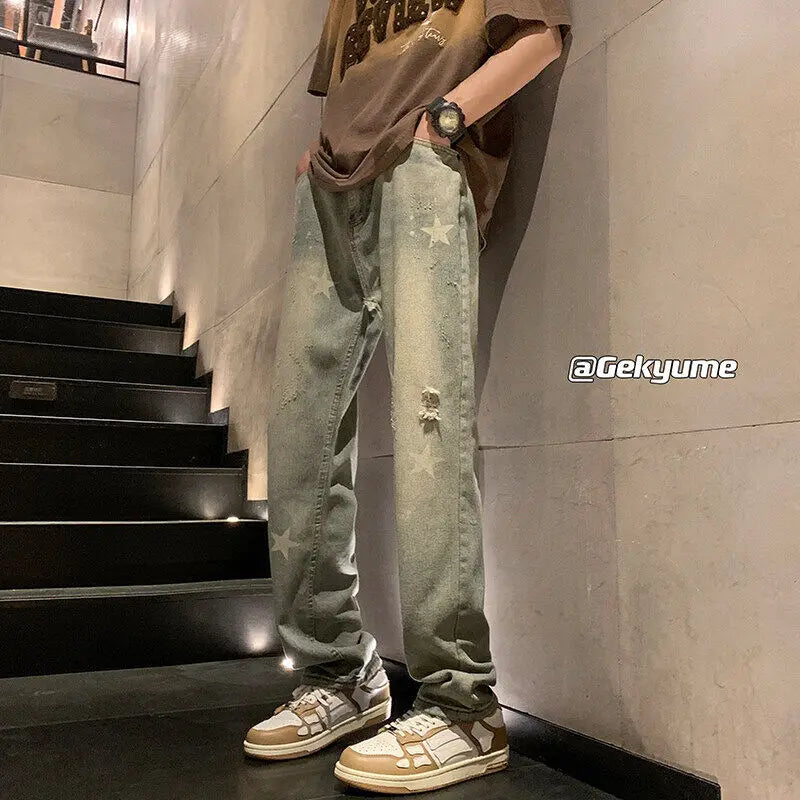 Straight Leg Plus Size Jeans men Vintage Wash Distressed Ripped Star Print Fashion Casual High Quality Trousers Men Retro Style voguable