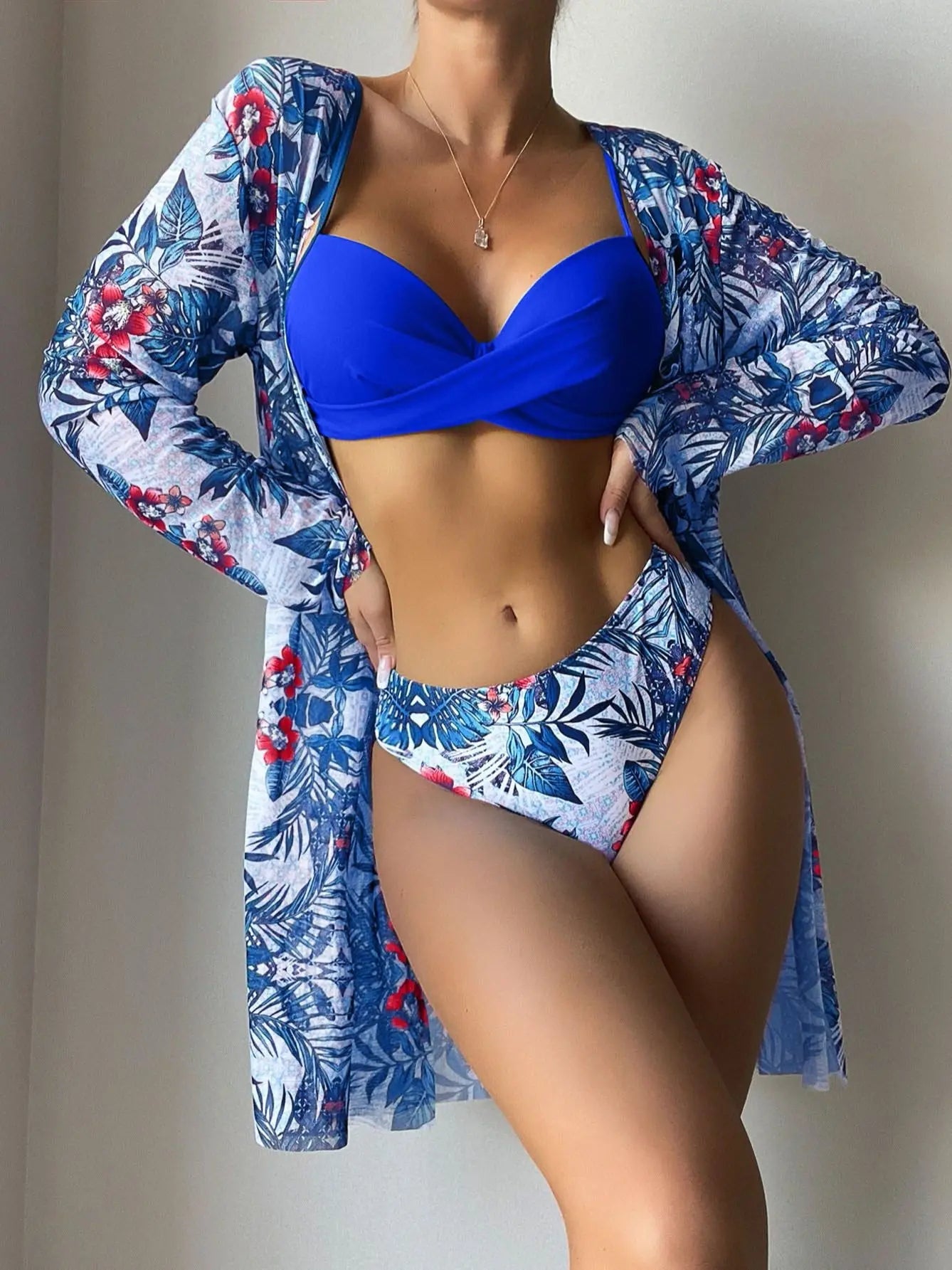 Voguable  Print Beach Cover Up And Bikini Set Sexy Swimwear Women Hollow Out Swimsuit High Waist Biquini Female Three Piece Beachwear voguable