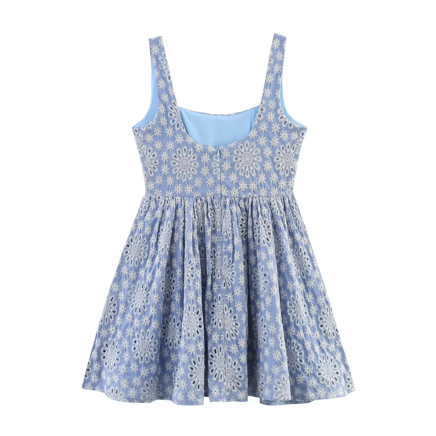 Flower Embroidery Blue Sweet Short Dress 2025 New Square Collor A-line Zipper Fashion Summer Dress Fashion Beach Woman Clothing voguable