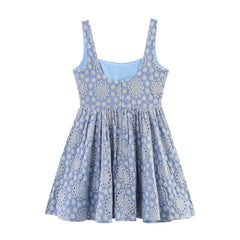 Flower Embroidery Blue Sweet Short Dress 2025 New Square Collor A-line Zipper Fashion Summer Dress Fashion Beach Woman Clothing voguable