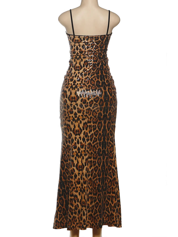 Voguable  Sexy Leopard Slip Dress Women Jacquard Lace Patchwork Sequined Backless Elegant Stretch Slim Street Clubwear Bodycon voguable