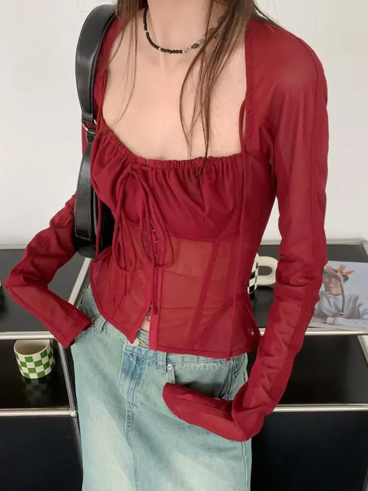 Voguable Burgundy Mesh Tops Long Sleeve Lace Up Square Collar T Shirt Women Crop Top Spring Summer Grunge Y2k  Chic Tops Streetwear voguable