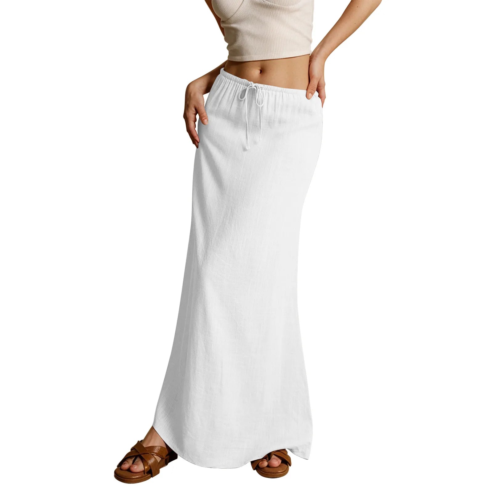 Voguable  Solid Color Straight Drawstring Elastic Waist Casual Ladies Skirt Summer Simple New Versatile Loose Long Skirt for Women voguable