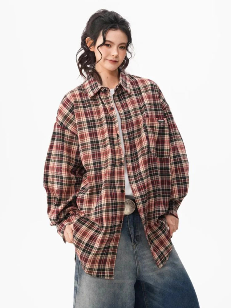 Bf Harajuku Plaid Shirts Women Loose Oversize Hip Hop Streetwear Blouse Long Sleeve Vintage American Fall New Female Tops voguable