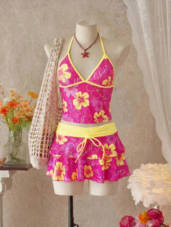 Voguable  Women Floral 3 Piece Tankini Set Halter Neck Tank Top Bikini Brief Drawstring Tiered Ruffle Swim Skirt Tropical Beach Swimwear voguable