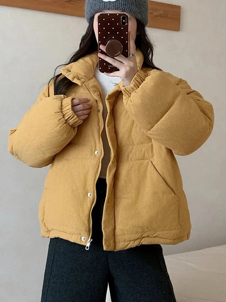 Women Sweet Corduroy Parkas Warm Long Sleeve Retro Stand Collar Cotton Coat Winter Thick Casual Preppy Style Korean Jacket voguable