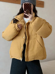 Women Sweet Corduroy Parkas Warm Long Sleeve Retro Stand Collar Cotton Coat Winter Thick Casual Preppy Style Korean Jacket voguable