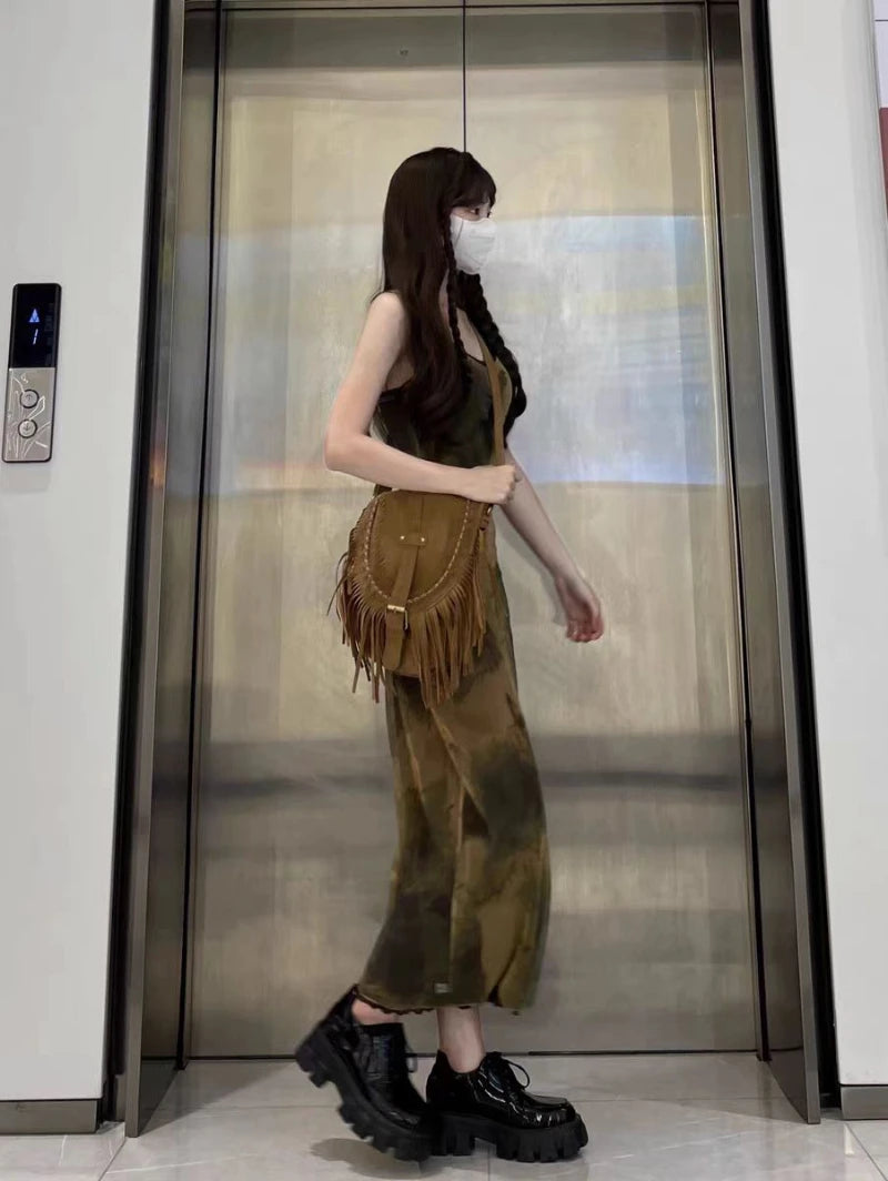 Voguable Tie-dye Gauze Suspender Dress Women 2024 Spring Korean Retro Strapless Mid-length Dress + Black Knitted Cardigan Two-piece Suit voguable