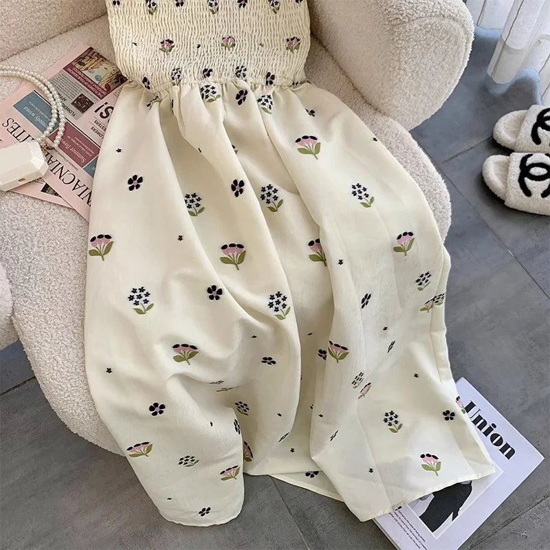 Voguable Women Round Neck Sexy Slim Fit Floral Print Suspender Dresses  Summer Casual Hollow Out High Waist Lace-up Fairy Dress voguable