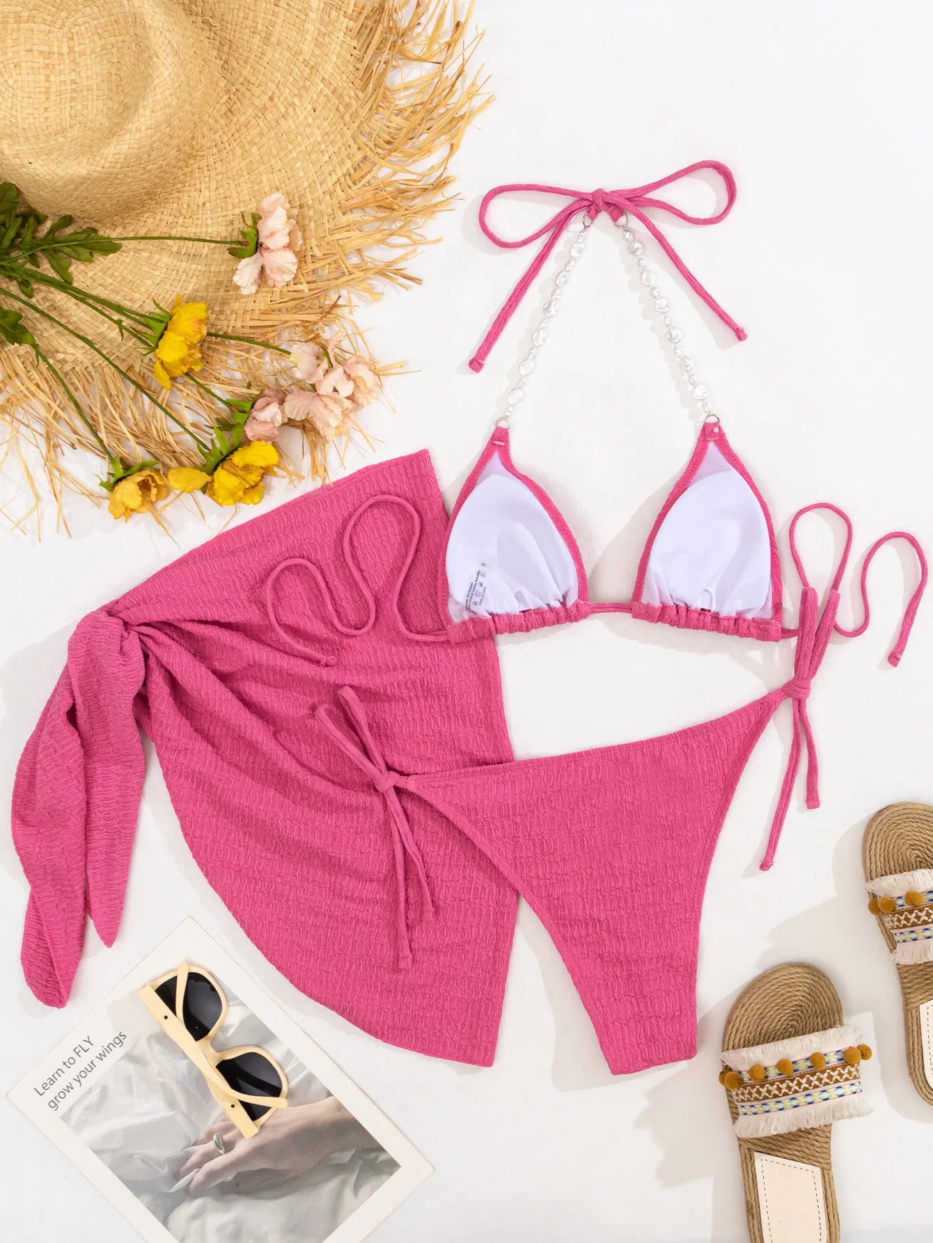 Voguable Luxury Bikini Set with Skirt 3 Pieces Solid White Blue Thong Swimsuit Women Sexy Pearl Designer Bathing Suit Cover Up Swimwear voguable