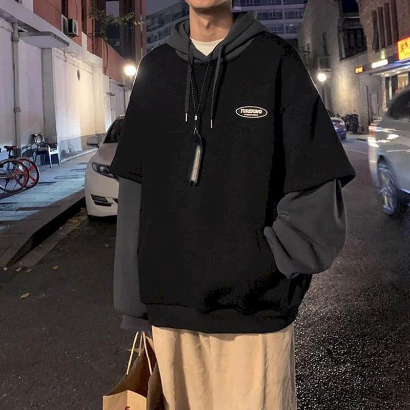 Voguable  Hoodies men fake two-piece sweatshirt autumn stitching Korean loose contrast color hooded long-sleeved black  white gray design voguable