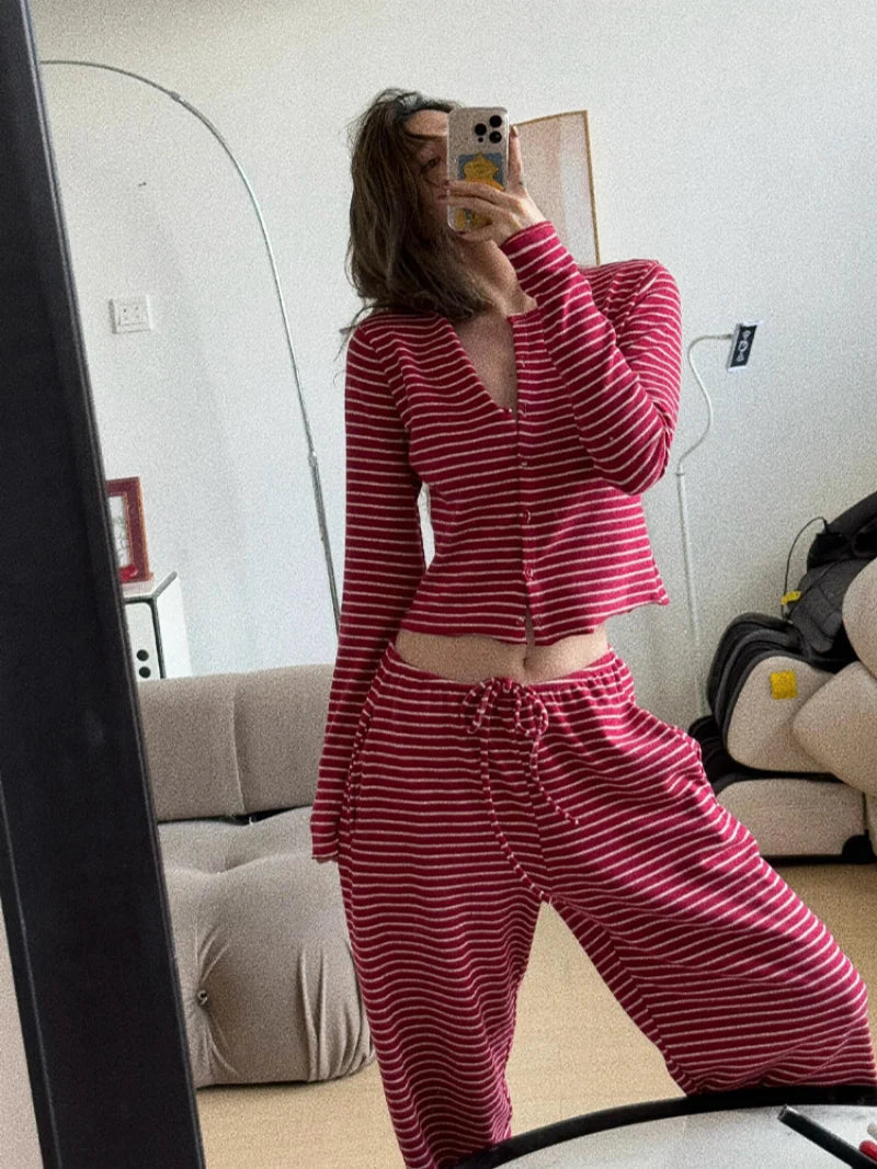 Women's Long-Sleeved Pajamas Two-Piece Set Fashion Leopard Print Round Collar Button Cardigan Set Slim Casual Long-sleeved Suit voguable