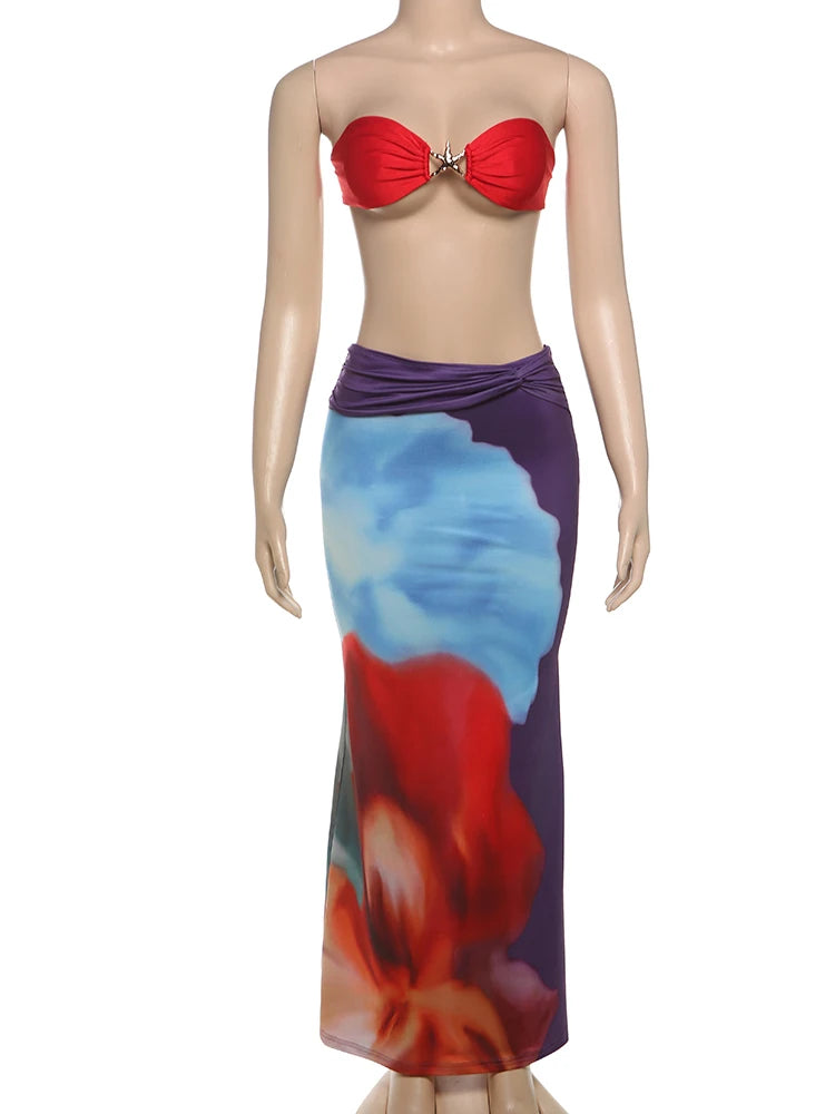Colorful Beach Sexy 2 Piece Set Women Swimsuit Starfish Buckle Tube Tops+Ruched Belt Skirts Matching Midnight Clubwear voguable