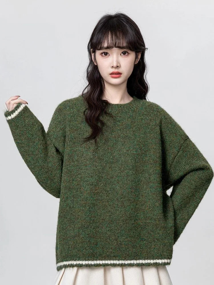 Cute Retro Green Sweaters Women Preppy Style Loose O Neck Long Sleeve Knitted Jumper Japan Vintage Sweet Female Simple Pullovers voguable
