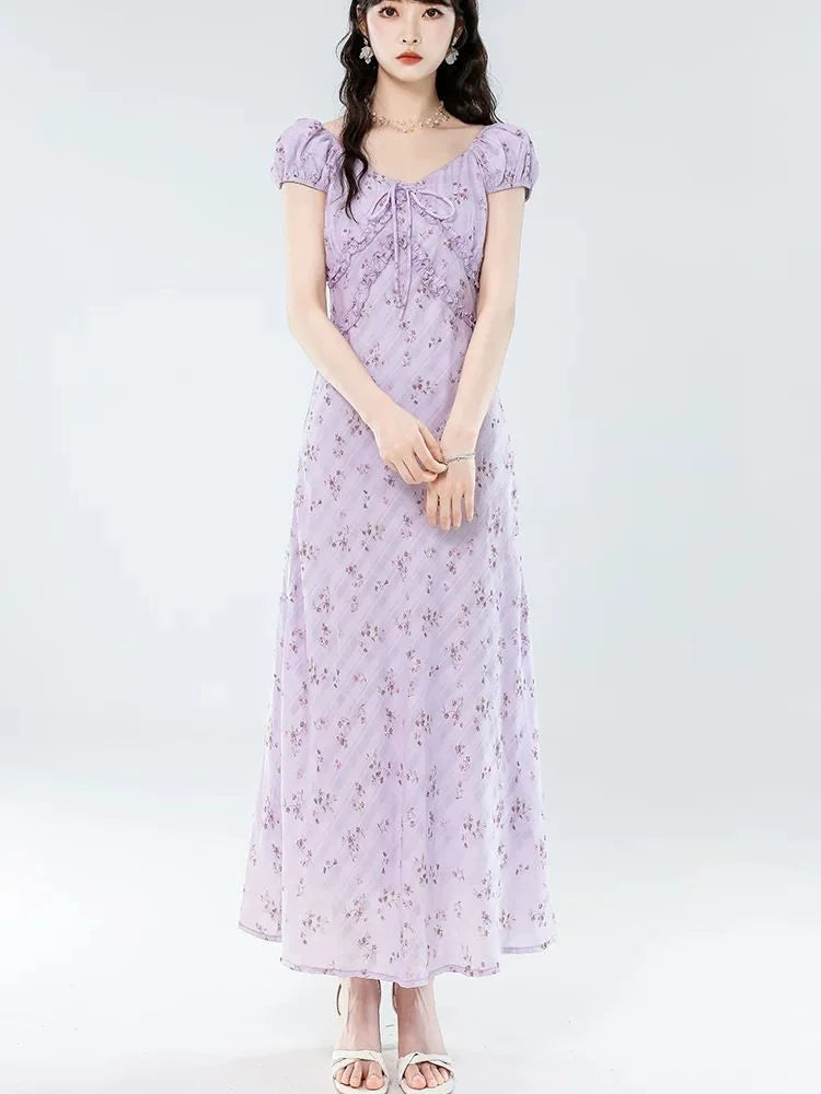 Floral Women Sweet Long Dress Elegant Vintage V Neck Slim Dress Casual Short Sleeve French Summer Retro Lady Vestidos New voguable