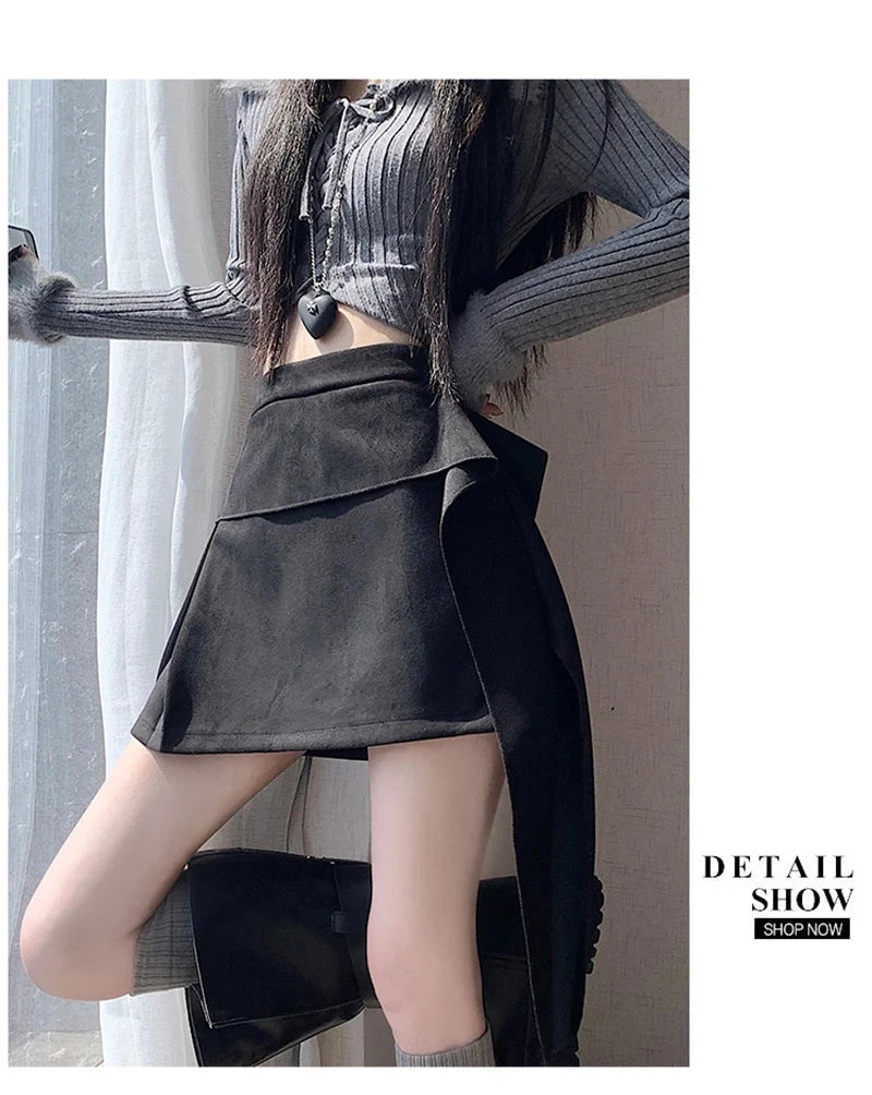 Sexy Slim Faux Suede Skirt Women High Waist Streetwear Vintage Bow Mini Skirts Fall Winter Casual American A Line Skirt New voguable