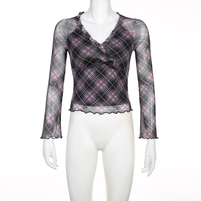 Voguable Y2K Plaid Double Layer Mesh Top Black Ruched V-neck T-shirts Fairy Grunge Long Sleeve Tops Vintage Sweet Bow Tees Fall voguable