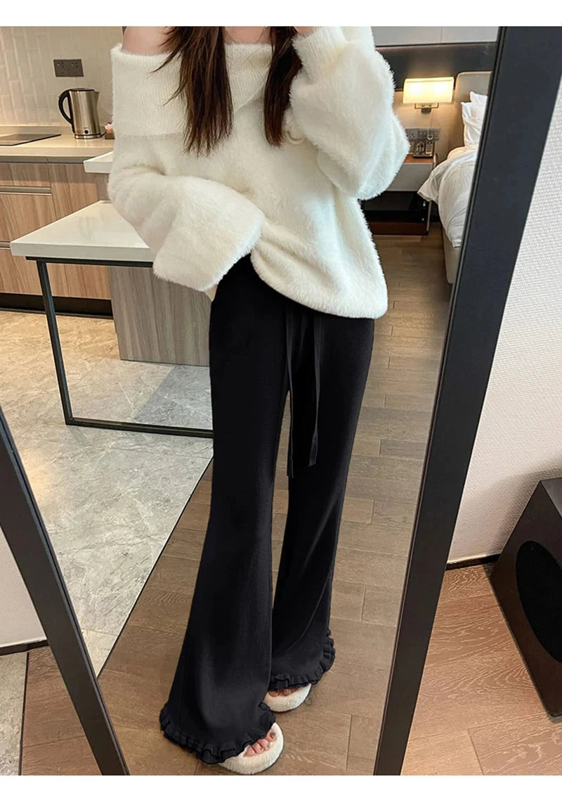 Ruffles Knitted Flare Pant Women High Waist Fashion Loose Fall Winter Trousers Korean Chic Elegant Lady Sweet Solid Pants voguable