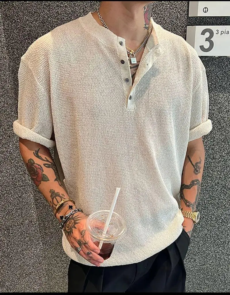 Voguable  Summer Solid Color Henley Neck Short Sleeve T-Shirt  Men's Breathable Cotton Crew Neck Casual Tee Regular  Fit Clothing XXL voguable