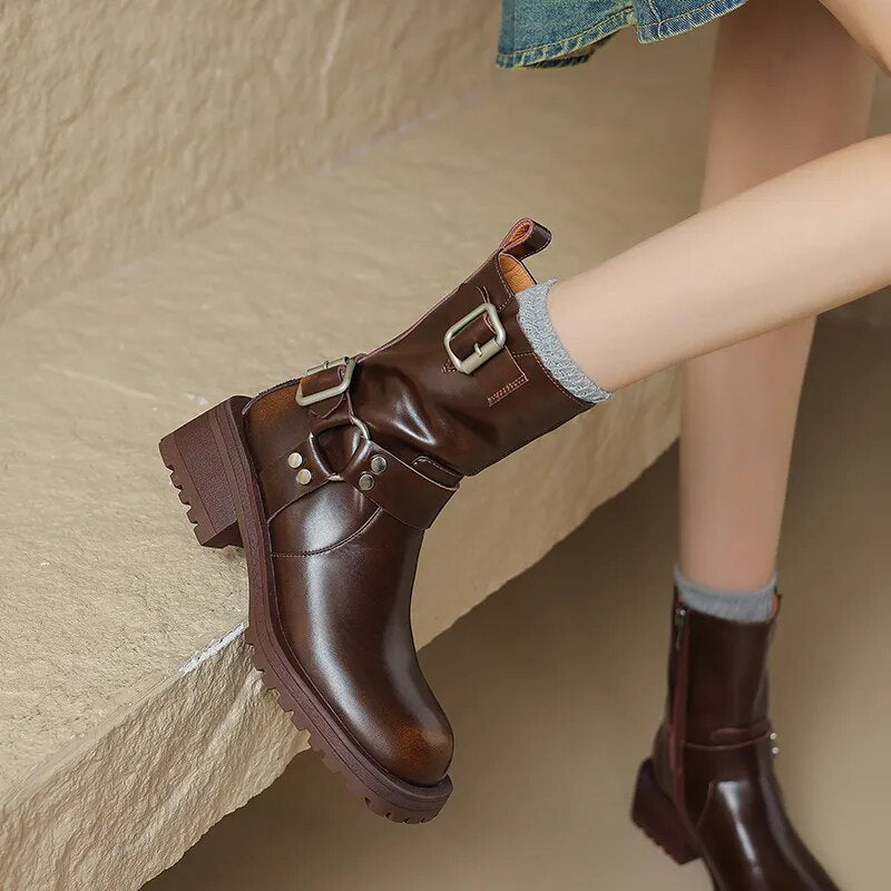 Women Shoes Genuine Leather Ankle Boots Fashion Buckles Design Thick Heels New Winter High-heel Shoes Woman Platform Boots voguable