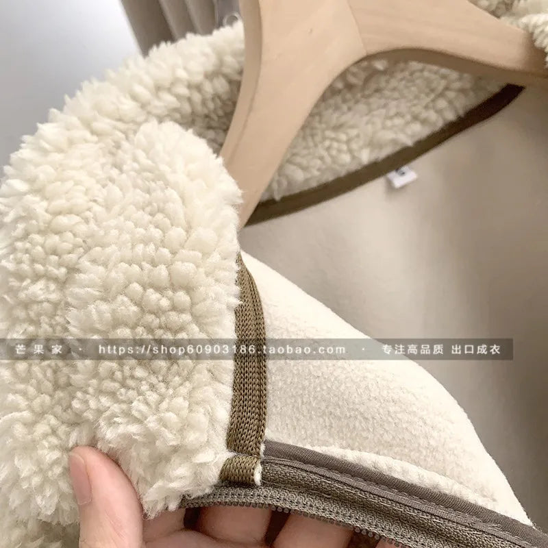 Autumn Winter Lambswool Coat Male Loose Windproof Warm Sherpa Stand Collar Polar Fleece Jacket Unisex Simple  Pocket Spliced Top voguable