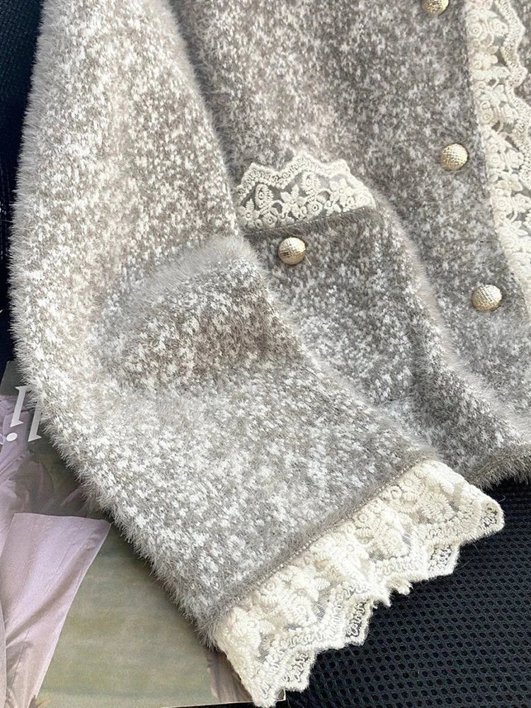 Faux Mink Cashmere Gray Cardigan Women Lace Patchwork Long Sleeve Elegant Knitted Sweaters Vintage Korean Casual Pockets Tops voguable