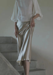 Silk Satin Skirts for Women Korean Style Champagne Office High Waist A- line Skirt Fashion Elegant Solid Long Pencil Skirt 2024 voguable