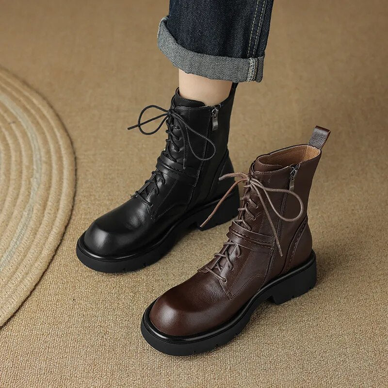 Platform Boots Cross-Tied Women Ankle Boots Side Zipper Leisure Motorcycle Boots Autumn Winter Round Toe Casual Outdoor New voguable