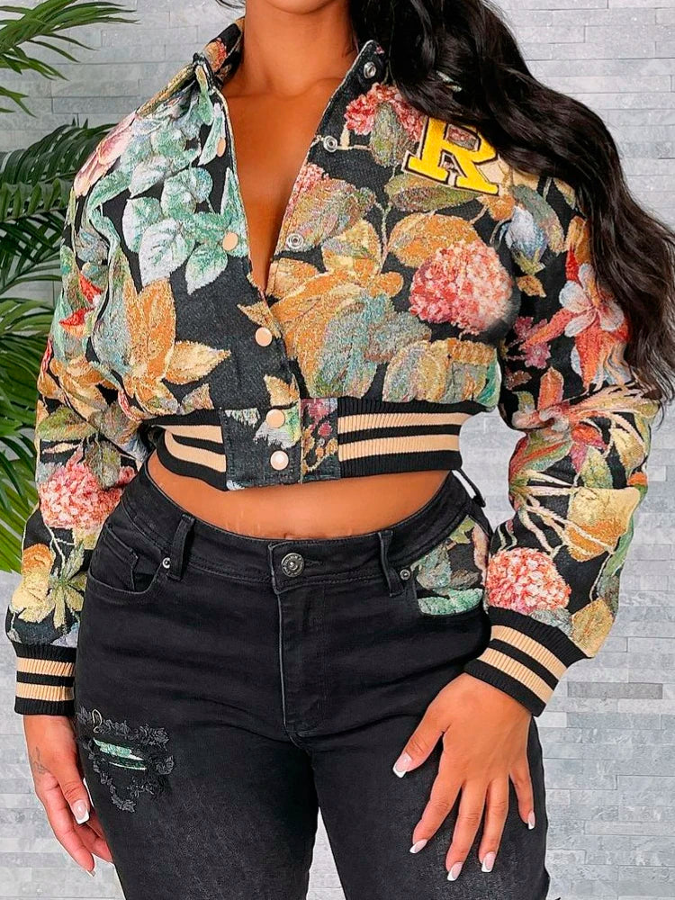 Voguable  Retro Floral Jacquard Varsity Sexy Cropped Jackets Women Autumnn Winter Fashion Long Sleeve Striped Baseball Coats Female voguable