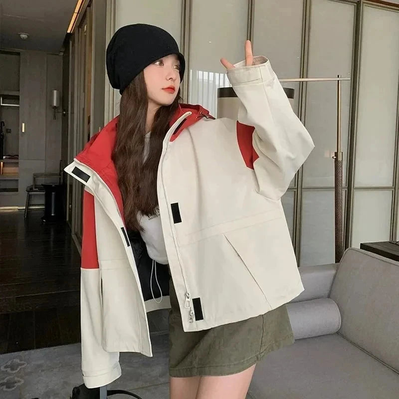 Vintage Patchwork Cargo Jacket Women Loose Preppy Style Long Sleeve Sweet Coat Casual Fall Female Retro All Match New Tops voguable