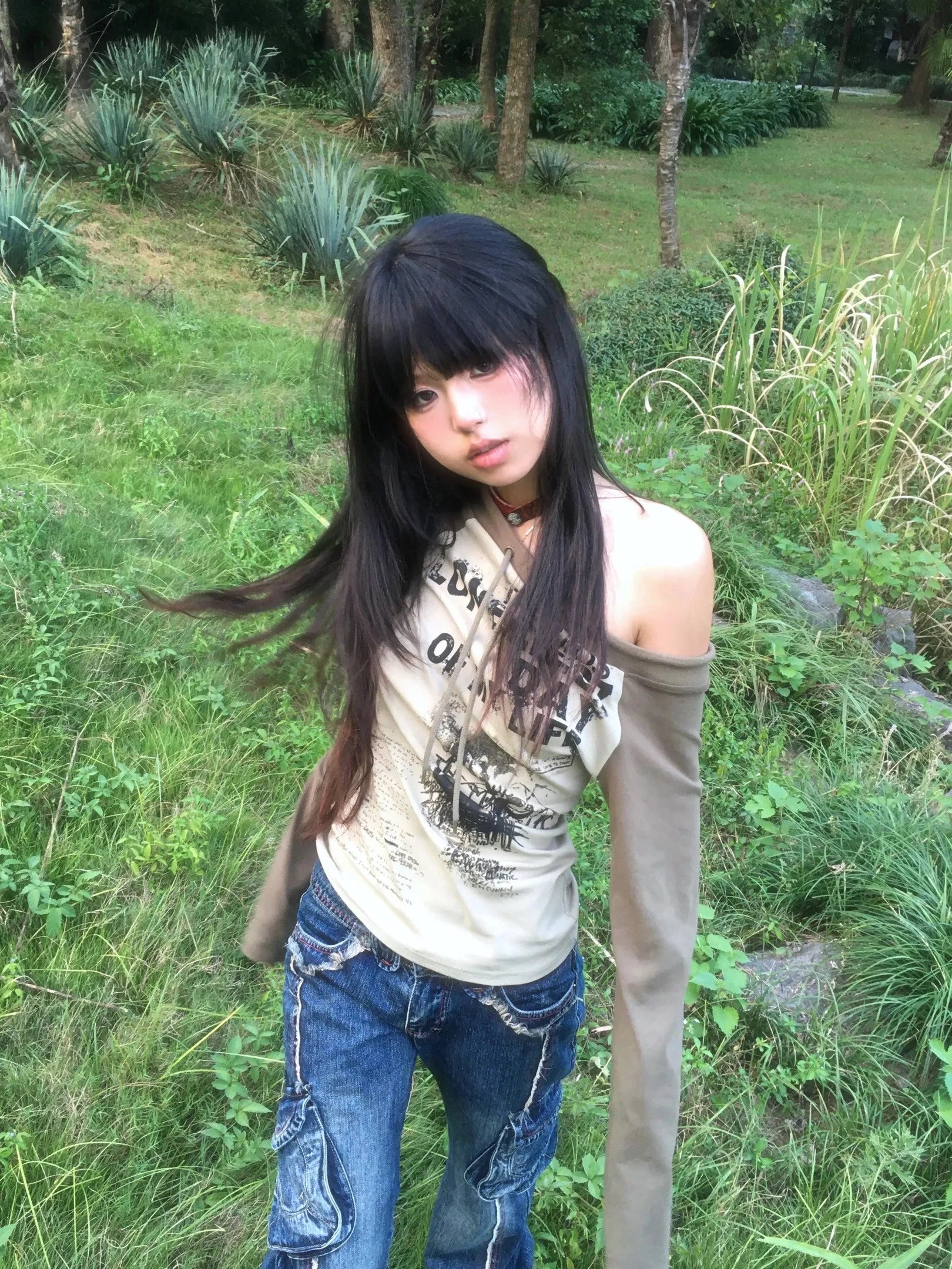 Japanese Y2k Off Shoulder T-shirt Grunge Aesthetics Graffiti Print Long Sleeve Tee Shirt Vintage Harajuku Streetwear 90s voguable