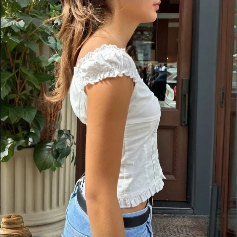 y2k Tank Top Women Summer Clothes Solid Color Cap Sleeve Button Down Slim Fit Frill T Shirt 2000s Vest Streetwear voguable