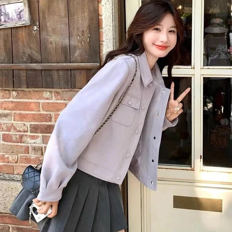 Purple Sweet Faux Suede Jacket Women Casual Vintage Korean Long Sleeve Coat Fall Winter Preppy Style Retro All Match Tops voguable
