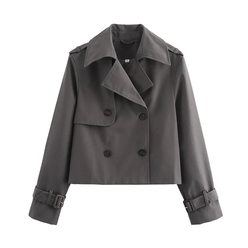New Autumn Women Solid Cropped Trench Coat Vintage Double Breasted Long Sleeve Short Jacket Lapel Collar Windbreaker
