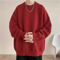 New Japanese Retro Men Knitted Sweater Light Luxury Casual O Neck Solid Color Long Sleeve Pullovers Loose High Street Knitwear voguable