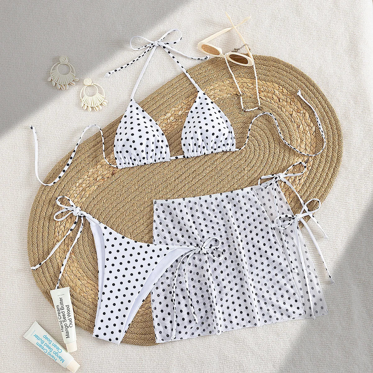 Voguable  Women Mini Polka Dot 3 Piece Bikini Set Halter Triangle Top Side Tie Brief O-Ring Drawstring Wrap Mini Skirt Beach Swimwear voguable