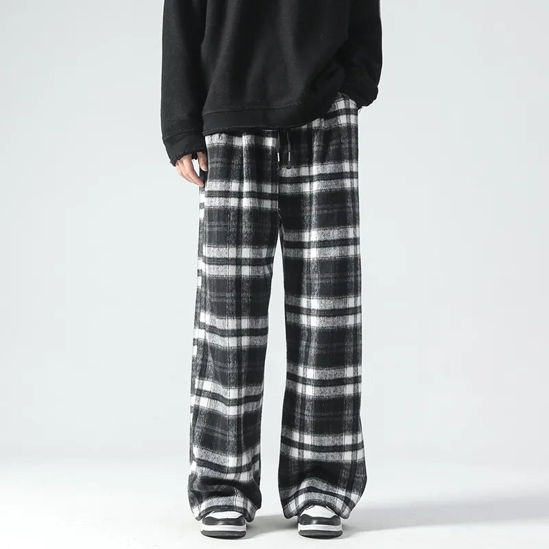 Vintage Color Plaid Pants Men's Loose Wide Leg Pants Autumn New Lazy Wind Straight-leg Leisure Trousers Male Jogger Sweatpant voguable