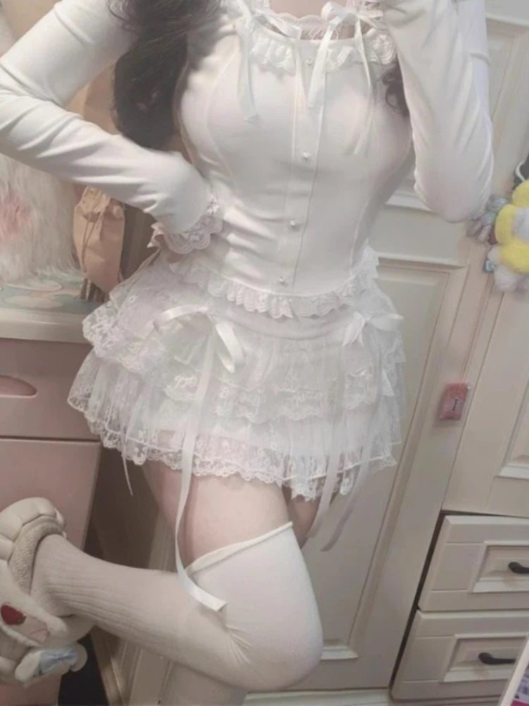 Sweet Kawaii Skirts Women Lolita Coquette Lace Bow Patchwork Mini Skirt White High Waist Cute Summer A-line Short Skirt voguable