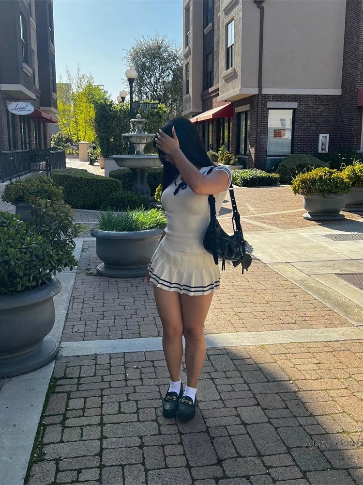 Academic Style Pleat Skirt+Lapel Short Sleeve Tee 2 Piece Set Women Outfits Fashion Skirt Tight Knit T-shirts Summer Suit voguable