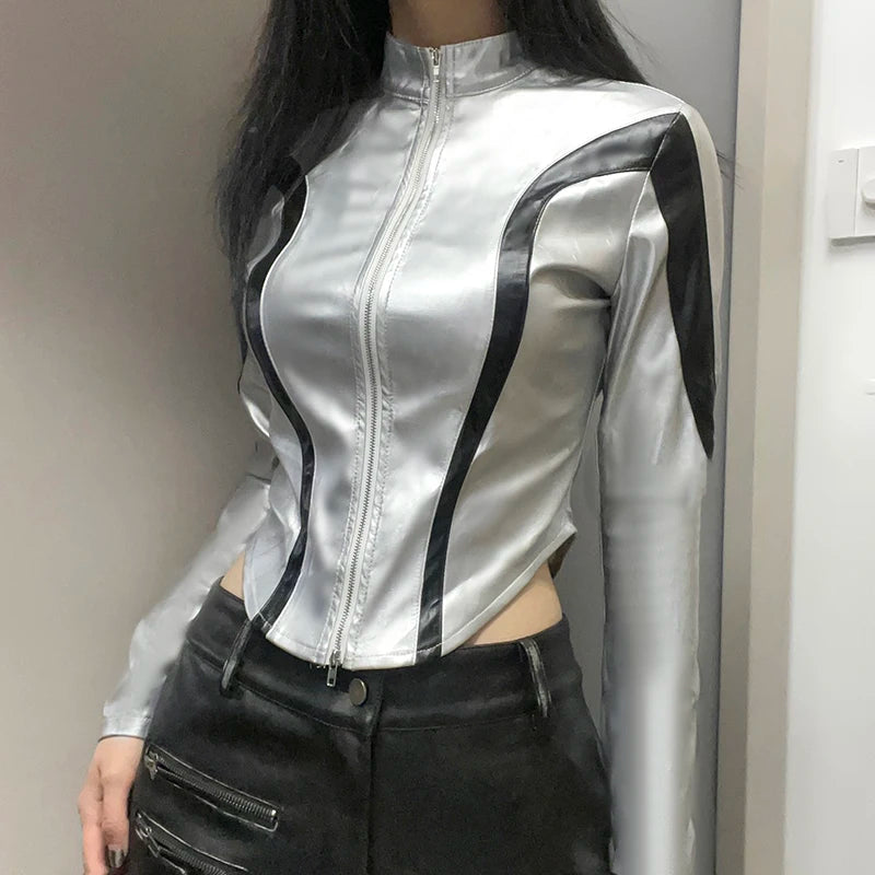 Voguable  Street Style Contrast Patchwork Zip-up Pu Leather Jackets Silver Color Turtleneck Cardigan Women Chic Elegant Coat Fall voguable