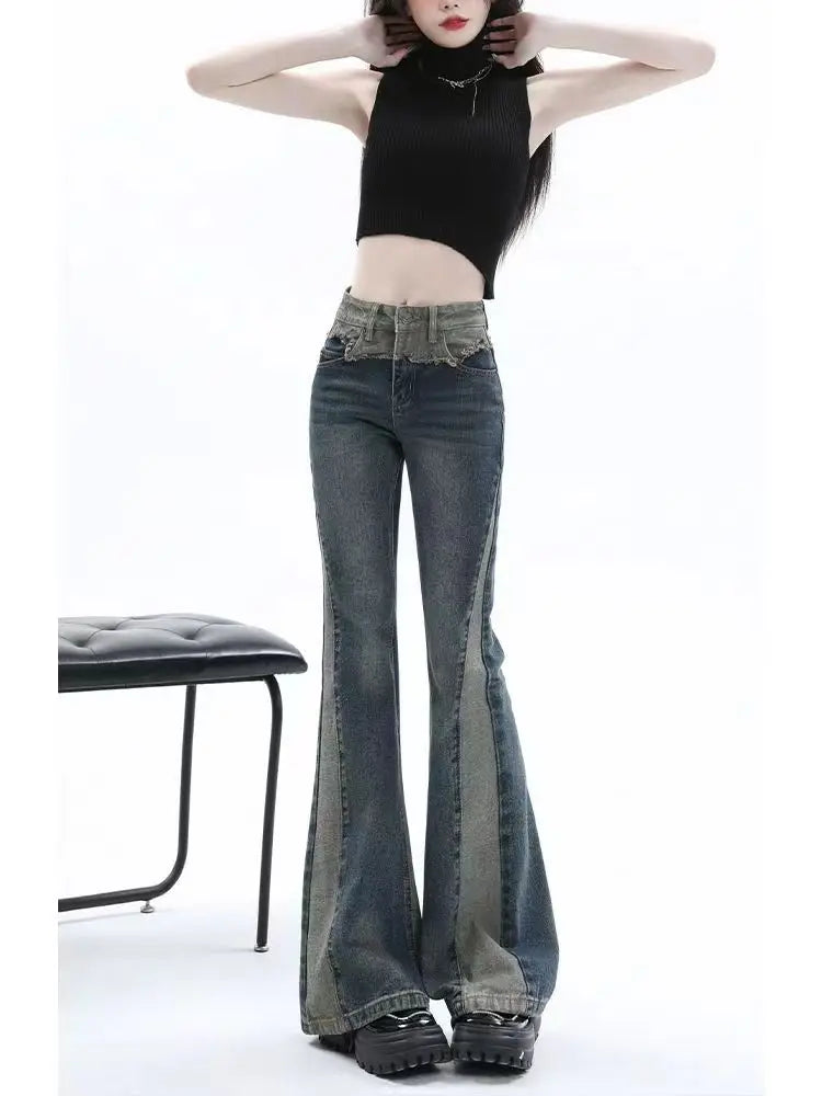 American High Street Spicy Girls Low Waist Jeans Women Autumn Vintage Y2k Design Sense Slim Fit Straight Tube Micro Flare Pants voguable