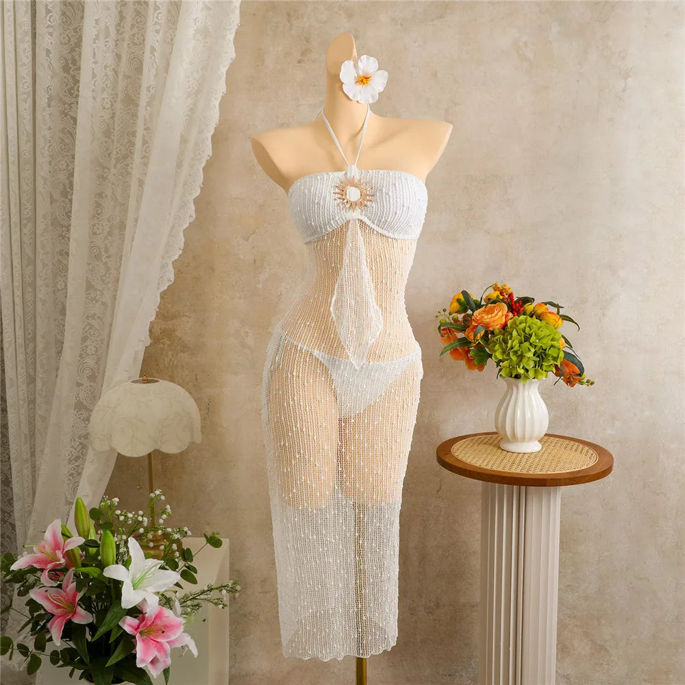 Voguable  Solid White Holiday Mesh Long Dress Swimwear Sexy Bikinis Sets Micro Thong Swimsuit Woman Metal Sun Sequin Bikini Beachwear voguable