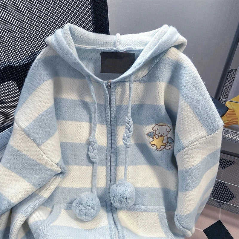 Cartoon Striped Hooded Cardigan Women Loose Cute Long Sleeve Sweet Knitted Sweater Preppy Style Female Kawaii Vintage Tops voguable