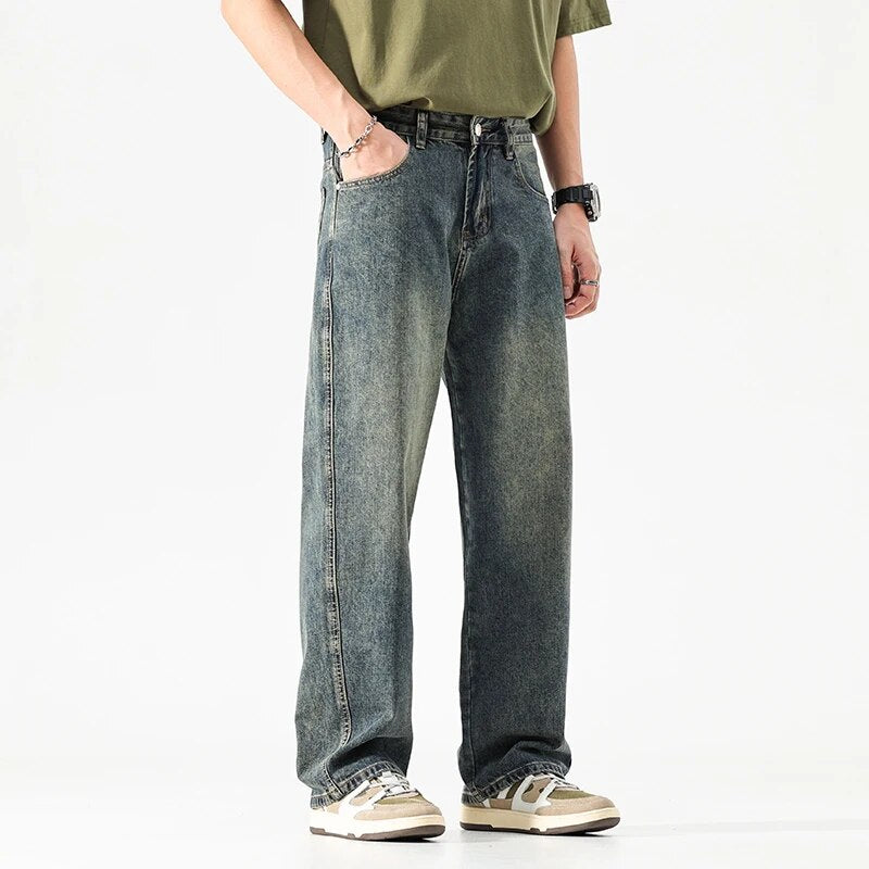 Wide Leg Jeans Men Baggy Pants Summer Straight Cut Loose Retro Blue Denim Pants Streetwear Fashion Pockets Vintage Man Clothes voguable