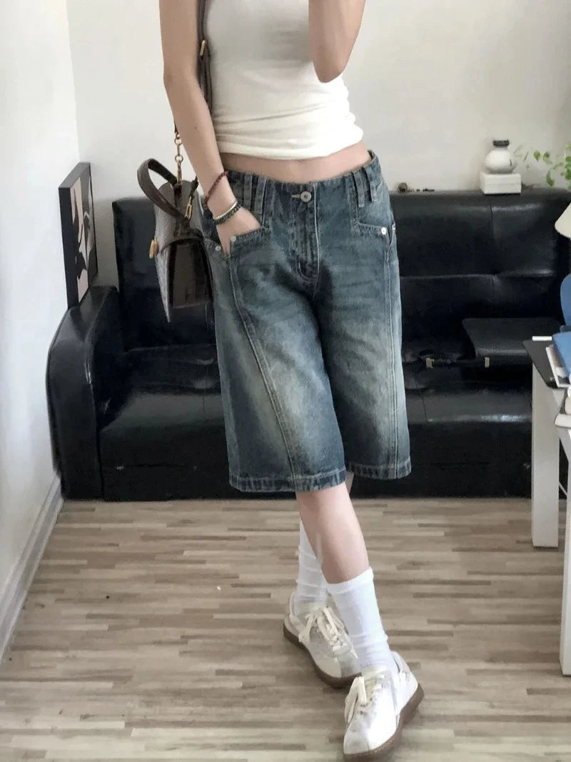 Voguable  American Retro Blue Denim Shorts Women Korean Style High Waist Biker Jeans Feminino Vintage Pants 2024 Summer Chic Streetwear voguable