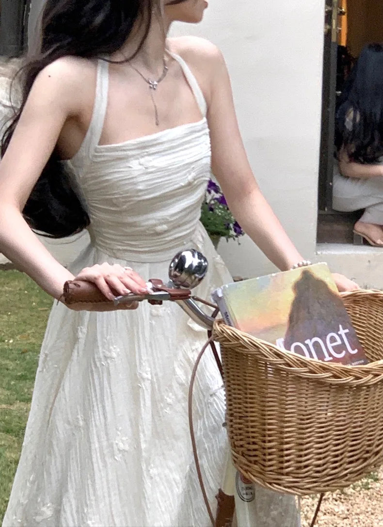 Voguable  Summer Fairy Backless Slash Neck Embroidery Suspender Dresses Women High Waist Chiffon Slim Fit Lolita Style White Dress voguable