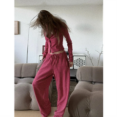 Women's Long-Sleeved Pajamas Two-Piece Set Fashion Leopard Print Round Collar Button Cardigan Set Slim Casual Long-sleeved Suit voguable