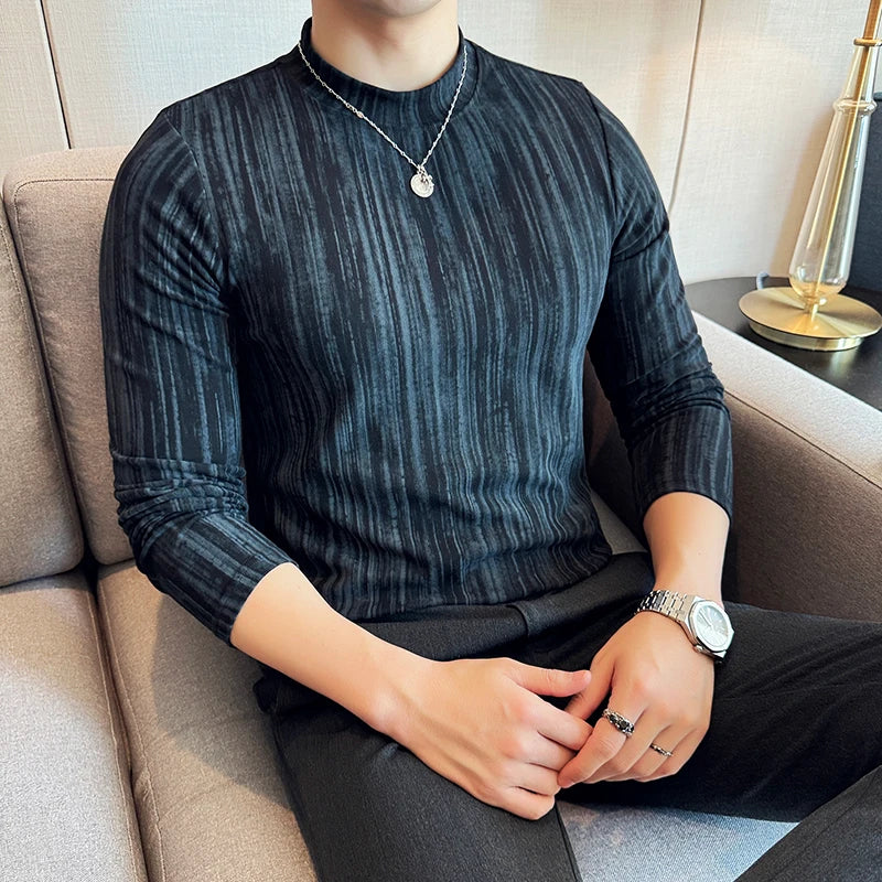Cotton Striped T Shirt Gradient Mock Neck Men Slim Fit Tshirt Male Office Business T shirts Man Casual Long Sleeve Top Tees